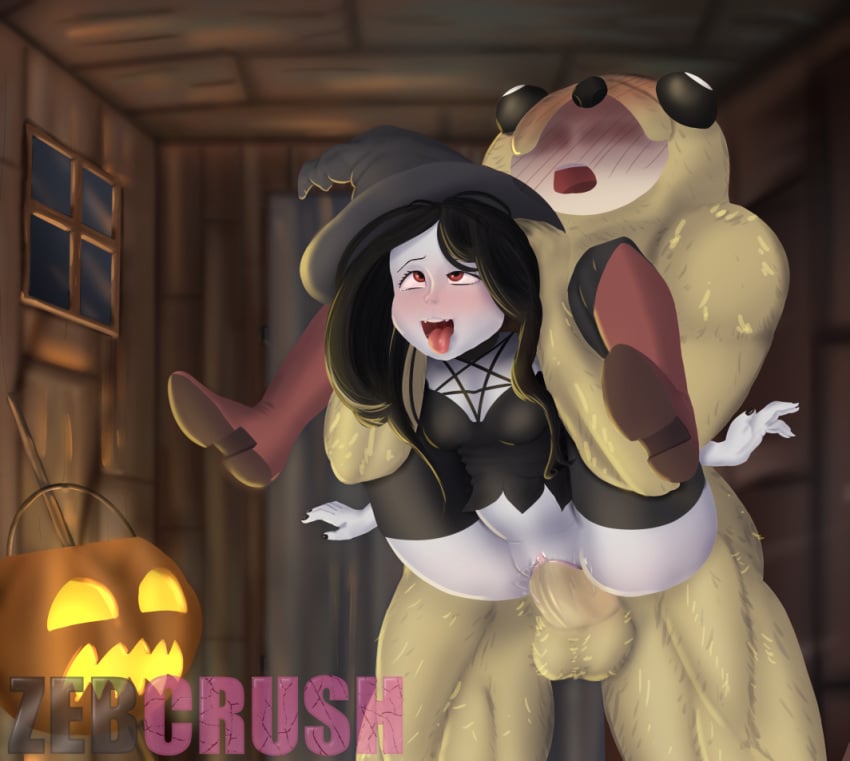 1girls 2boys adventure_time ahegao black_hair black_legwear black_thighhighs blush boots clitoris clothed_female_nude_male cowboy_shot finn_the_human halloween indoors jack-o'-lantern jake_the_dog jakesuit marceline muscular_male night running_bond small_breasts standing_sex stomach_bulge tagme thighhighs_under_boots uncensored vaginal_penetration vaginal_sex window witch_hat wooden_ceiling wooden_wall zebcrush