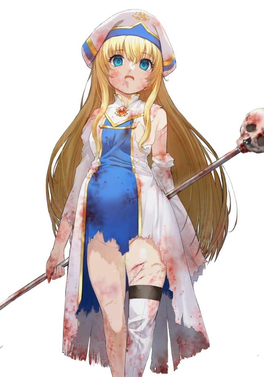 :d after_sex belly big_belly blonde_hair blood bloody_clothes blue_eyes breasts broken_rape_victim commentary_request cum cum_in_pussy cumdrip cuts dress empty_eyes female goblin_slayer highres inflation long_hair looking_at_viewer nipples no_panties off_shoulder open_mouth pregnant priestess_(goblin_slayer) single_thighhigh skull small_breasts smile staff standing suzuki_puramo thighhighs torn_clothes torn_sleeves very_long_hair white_background wide_sleeves