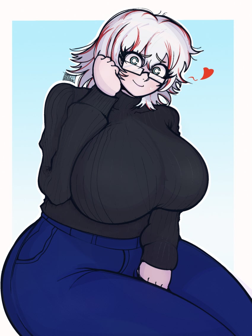 abuhashbrown big_breasts breasts_bigger_than_head fuyumi_todoroki huge_breasts jeans my_hero_academia sweater thick_thighs two_tone_hair