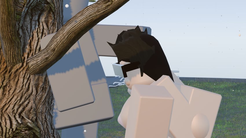 3d 3d_(artwork) blender blender_(software) blowjob cheek_bulge cum cum_in_mouth cum_on_penis cum_overflow dummy_(roblox) fellatio highlandr34 holding_head iris_(rusmynth) leaning leaning_against_tree leaning_on_tree roblox robloxian