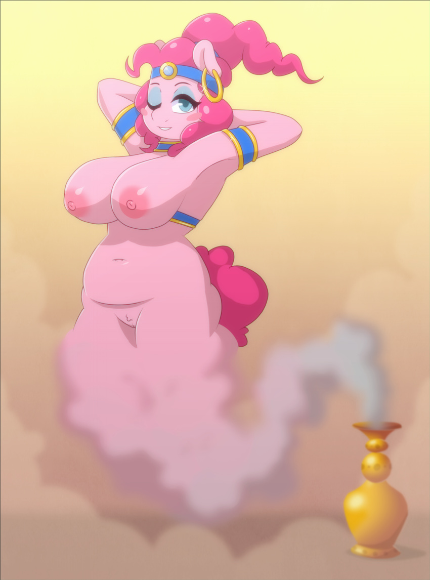 2018 anthro areola belly blue_eyes blush_sticker breasts ear_piercing earth_pony equine eyelashes eyeshadow female friendship_is_magic genie hair hands_behind_head hasbro headband hi_res horse lamp looking_at_viewer makeup mammal my_little_pony nipples omegaozone one_eye_closed piercing pink_hair pinkie_pie_(mlp) pony pussy slightly_chubby smile smoke solo straight_hair wink