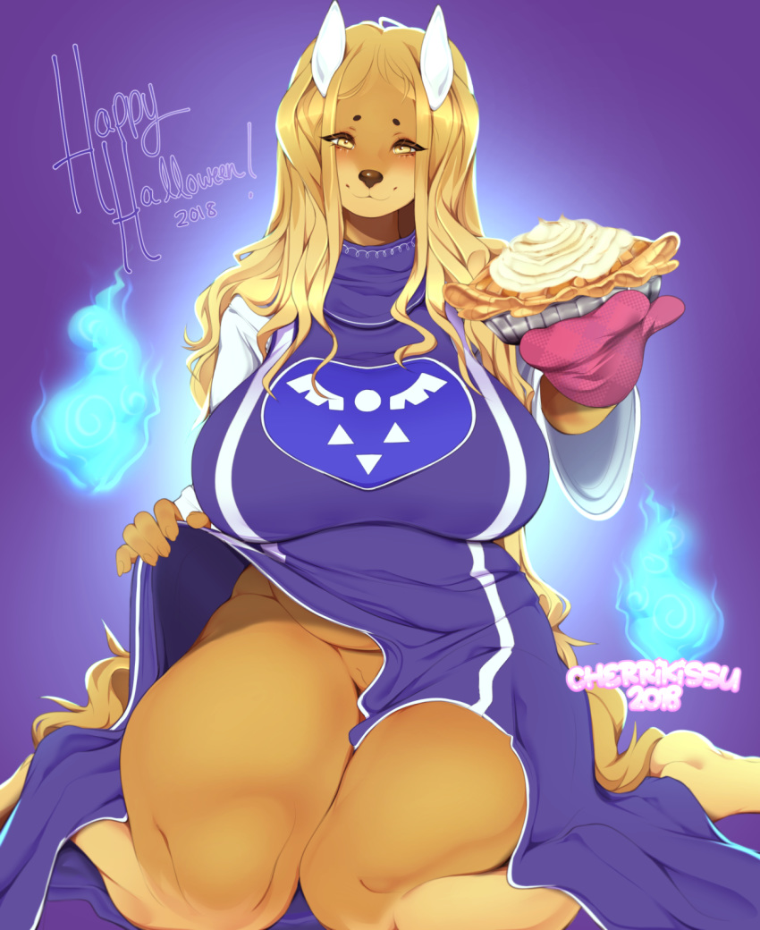 2018 anthro big_breasts breasts canine cherrikissu clothed clothing clothing_lift cosplay dogmom english_text female food hi_res holding_food holding_object looking_at_viewer mabel_(cherrikissu) mammal mature_female oven_mitt pie pussy saluki signature smile solo text thick_thighs toriel_(cosplay) undertale video_games