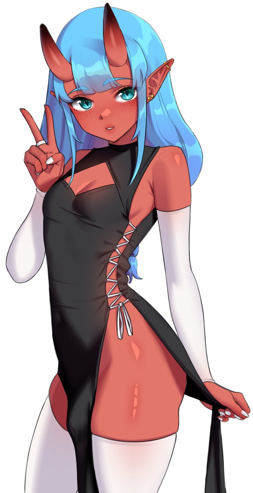 1futa aqua_eyes arm_sleeves black_dress blue_hair bulge djwhiteboooty dress ear_piercing flat_chest freckles futa_only futanari long_hair oni oni_horns pointy_ears red_skin slit_pupils solo sui_(suikisses) thick_thighs thighhighs v_sign very_high_resolution white_armwear white_background white_thighhighs