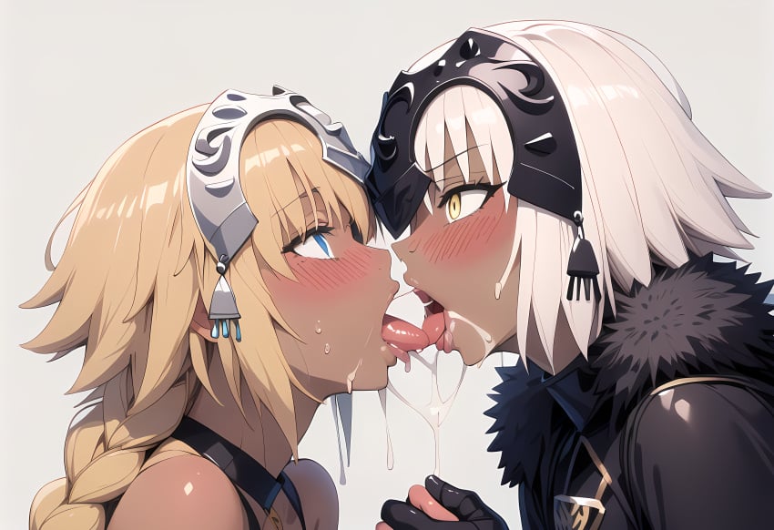 after_kiss ai_generated blonde_hair blush braid fate/apocrypha fate/grand_order fate_(series) jeanne_d'arc_(alter)_(fate) jeanne_d'arc_(fate) jeanne_d'arc_(fate)_(all) saliva white_hair