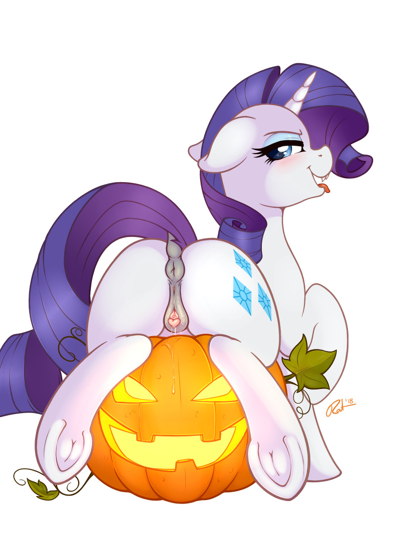 2018 absurdres anatomically_correct anatomically_correct_pussy animal_genitalia animal_pussy anus ass clitoris cutie_mark equine equine_pussy eyelashes female feral food friendship_is_magic fruit highres hooves horn looking_at_viewer mammal my_little_pony pumpkin pussy pussy_juice rarity_(mlp) ratofdrawn simple_background solo tongue tongue_out underhoof unicorn white_background