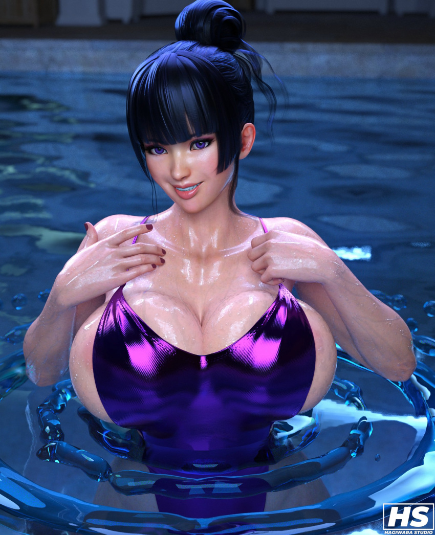 1girls 3d big_breasts black_hair breasts busty dead_or_alive female female_only hagiwara_studio nyotengu one-piece_swimsuit pool purple_eyes swimsuit tagme thick_thighs wide_hips