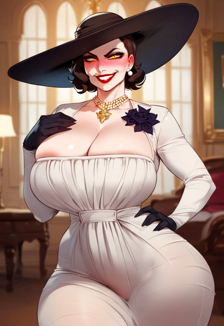 1girls ai_generated alcina_dimitrescu areola_slip black_gloves black_hair blush breasts brown_hair cleavage clothing completely_nude curvaceous curvaceous_female curvaceous_figure curvy curvy_figure dress earrings female female_focus female_only flower floxin gloves grin hand_on_hip hand_on_own_chest hat headwear huge_breasts indoors jewelry large_breasts lipstick looking_at_viewer makeup mature mature_female milf mommy necklace pale_skin pearl_necklace red_lips resident_evil resident_evil_8:_village rose short_hair smile solo sun_hat thick_thighs thighs voluptuous voluptuous_female white_dress wide_hips yellow_eyes