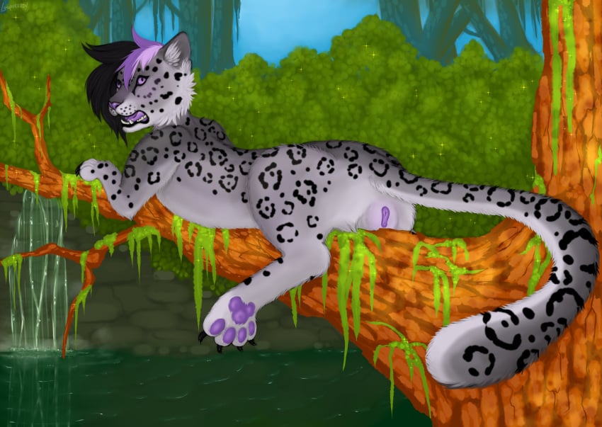 anatomically_correct_genitalia feline feline_pussy female feral fur jaguar lavenderleopard laying_down leopurrred pawpad purple_eyes spots