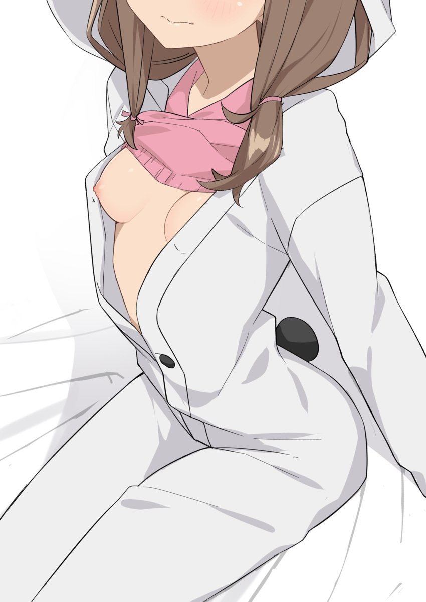 azusagawa_kaede brown_hair embarrassed female_only medium_breasts morisobo one_breast_out open_clothes seishun_buta_yarou_wa_bunny_girl_senpai_no_yume_wo_minai twintails