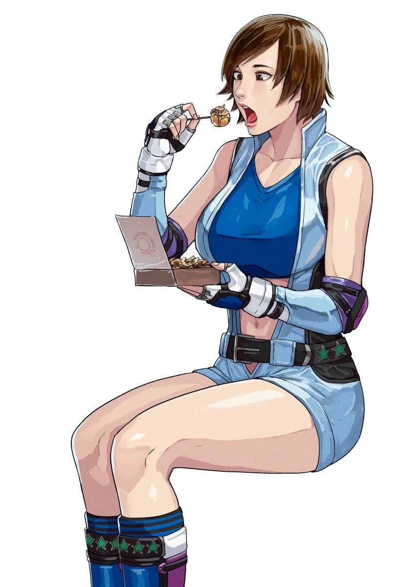 1girls asuka_kazama breasts brown_hair cirenk female female_only food fully_clothed hi_res kazama_asuka namco open_mouth sitting solo takoyaki tekken