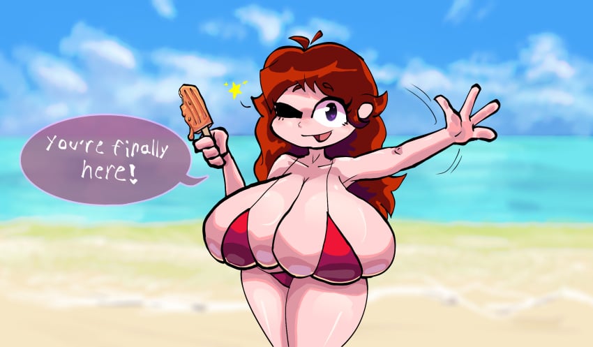 1female 1girls beach big_breasts big_breasts big_thighs bikini breasts_bigger_than_head breasts_bigger_than_torso dialogue dialogue_bubble english_text female female fnf fnf_girlfriend friday_night_funkin girlfriend_(fnf) girlfriend_(friday_night_funkin) gothina gothina_nsfw huge_breasts huge_breasts huge_thighs human hyper_breasts ice_cream light_skin lollipop one_eye_closed red_hair red_hair speech_bubble thick_thighs