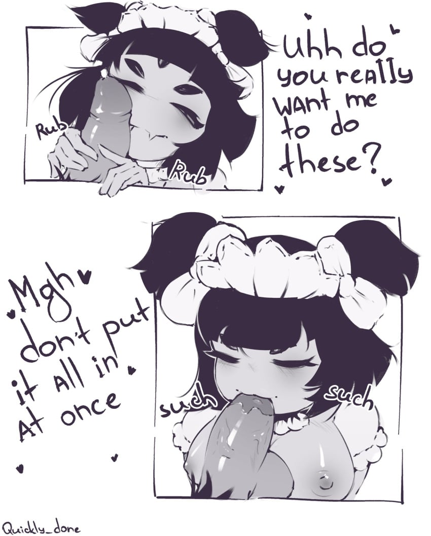 1boy 1girls 2024 big_breasts big_penis black_hair breasts comic dialogue fangs fellatio female handjob hi_res maid maid_headdress male male/female muffet multi_eye penis penis_bite_risk quickly_done saliva short_hair smile spider spider_girl twintails undertale undertale_(series)