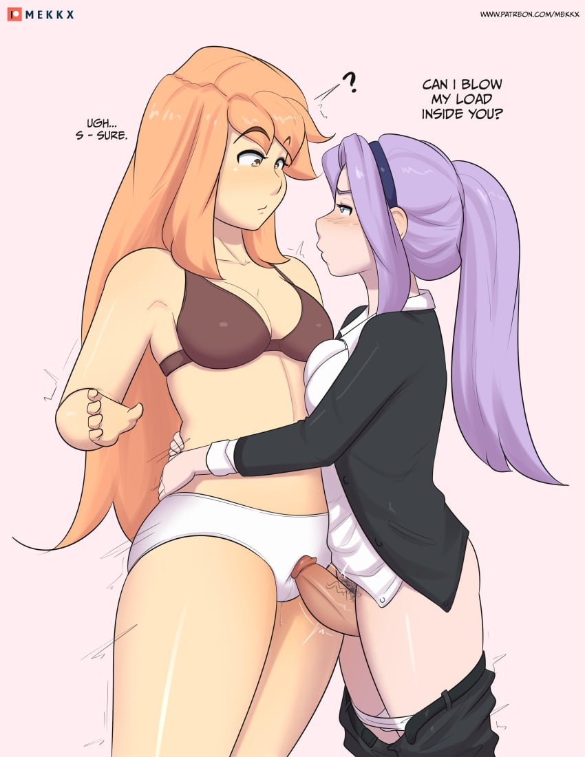 1futa 1girls asking asking_for_creampie asking_for_sex belle_(mekkx) clothed clothing confusion couple dickgirl dickgirl/female duo eliza_(mekkx) erection excited excited_for_sex female futa_on_female futa_with_female futanari futanari/female girlfriend half-dressed half_naked hard_cock hug hugging hugging_partner human human_only leaking_precum light-skinned_female light-skinned_futanari light_skin love mekkx mostly_clothed mostly_nude orange_hair panties pants_down pulling purple_hair rubbing rubbing_penis standing thick_legs thick_penis thick_thighs white_panties