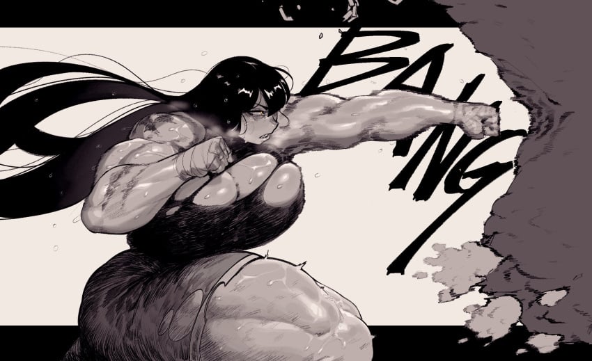 1girls 2024 black_hair boxing breasts cleavage krekk0v muscular_arms muscular_female muscular_thighs original original_character power_(powerslamming) powerslamming sports_tape sweating thick_thighs