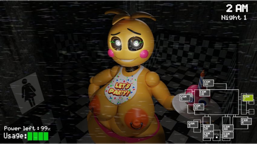 3d 3d_model 3d_render animatronic anthro ass big_ass big_breasts big_nipples breasts camera camera_view chica_(fnaf) chicken cupcake cupcake_(fnaf) digital_media_(artwork) five_nights_at_freddy's fnaf huge_breasts hyper_ass indoors kein_wal night poster robot robot_girl scottgames seductive sharp_teeth solo thick_thighs toy_chica_(fnaf) toy_chica_(love_taste) white_eyes yellow_body