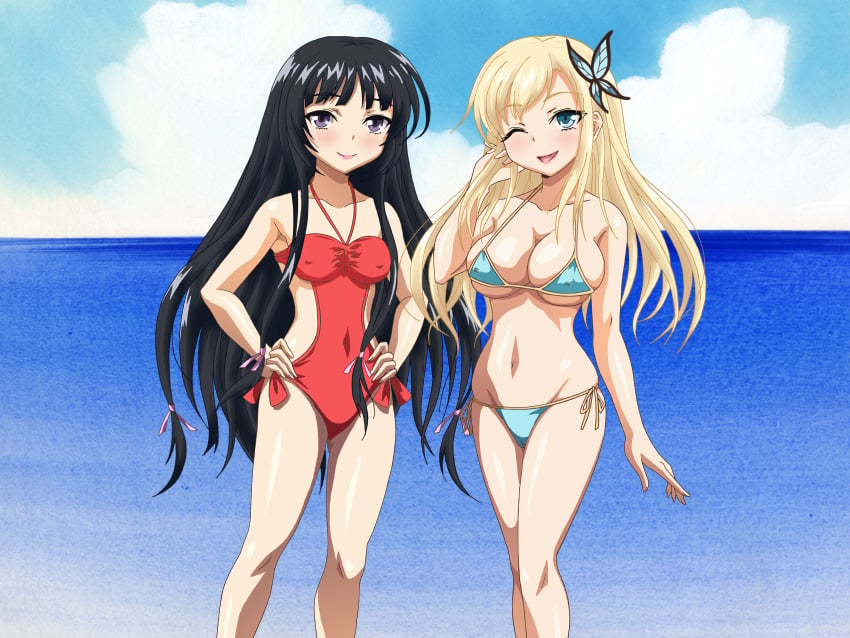 2girls bare_shoulders big_breasts bikini black_hair blonde_hair blue_bikini blue_eyes boku_wa_tomodachi_ga_sukunai breasts busty cleavage cloud confident covered_erect_nipples hands_on_hips happy hi_res large_breasts legs long_hair looking_at_viewer micro_bikini mikazuki_yozora multiple_girls navel ocean one-piece_swimsuit open_mouth pose posing purple_eyes red_one-piece_swimsuit red_swimsuit sena_kashiwazaki sensual sky small_breasts smile standing swimsuit thighs very_long_hair voluptuous water wink yabusame