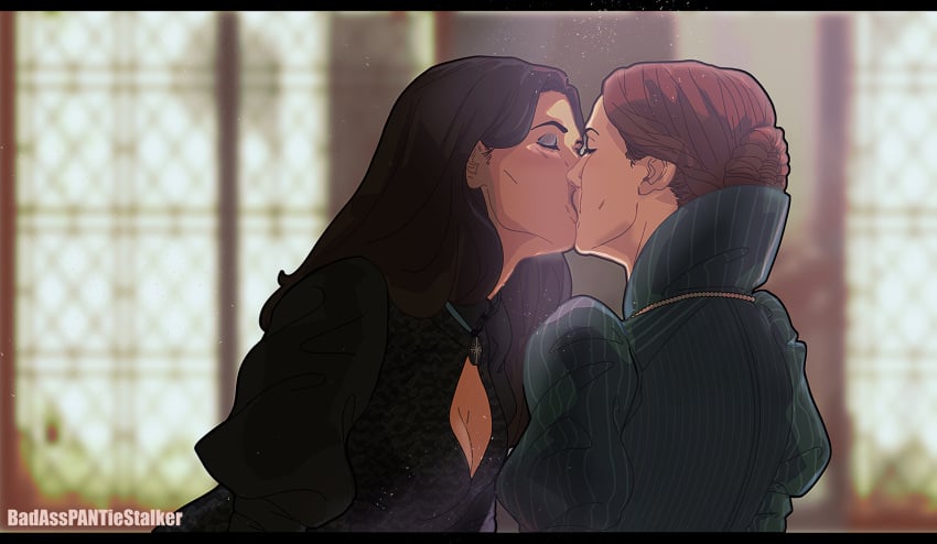 2girls anya_chalotra badasspantiestalker black_hair comic_panel kissing multiple_girls the_witcher_(netflix) the_witcher_(series) tissaia_de_vries yennefer yuri