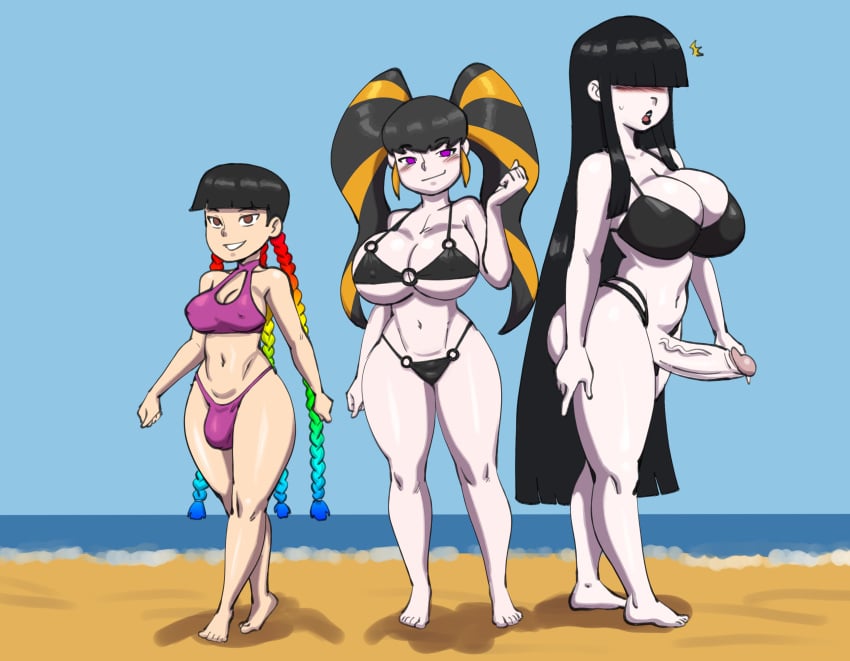 1girls 2futas asian bangs_over_eyes beach bikini black_lipstick blush braid brown_eyes calamity_(marisfaraway) darkeros13 embarassed female futanari goth hair_over_eyes lain_(marisfaraway) large_breasts long_black_hair looking_at_viewer ocean pale-skinned_female pale-skinned_futanari penis penis_bulge precum rainbow_hair sky smile wardrobe_malfunction yumi_(marisfaraway)