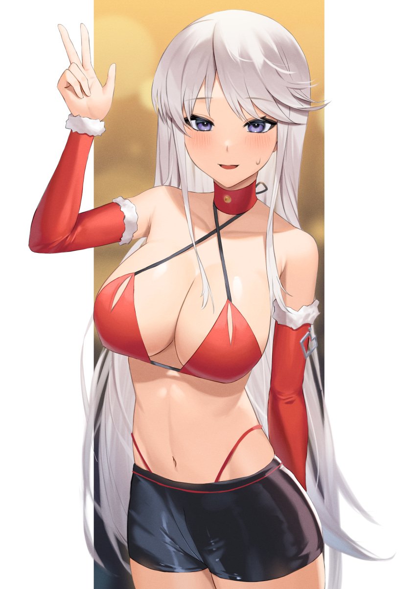 1girls absurd_res absurdres adult arm_above_head arm_behind_back arm_up azur_lane bare_armpits bare_arms bare_belly bare_chest bare_hands bare_hips bare_midriff bare_navel bare_skin bare_torso belly belly_button bikini bikini_bottom bikini_top black_shorts blush blush_lines blushing_at_viewer blushing_female breasts brown_background choker cleavage collarbone dot_nose elbows embarrassed embarrassed_female enterprise_(azur_lane) eyebrows_visible_through_hair female female_focus female_only fingers half_naked hand_above_head hand_behind_back hand_up high_resolution highres large_breasts light-skinned_female light_skin lips long_hair looking_at_viewer lordol navel open_mouth open_mouth_smile parted_lips peace_sign purple_eyes purple_eyes_female red_bikini red_bikini_bottom red_bikini_top red_choker red_sleeves red_string_bikini red_swimsuit red_swimwear shorts shoulders simple_background sleeves slender_body slender_waist slim_girl slim_waist smile smiling smiling_at_viewer solo standing string_bikini swimsuit swimwear thick_thighs thighs thin_waist tongue upper_body upper_teeth v white_eyebrows white_hair white_hair_female yellow_background