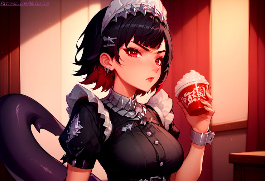 1futa 2024 ai_generated angry black_hair blush cum_cup cum_mug cum_on_cup cup drinking drinking_cum ear_piercing ear_ring earring earrings ellen_joe fish_tail futa_focus futanari hat holding_cup holding_object maid maid_dress maid_hat maid_outfit maid_uniform medium_breasts medium_hair mug red_eyes red_hair self_upload shy standing uncensored zenless_zone_zero