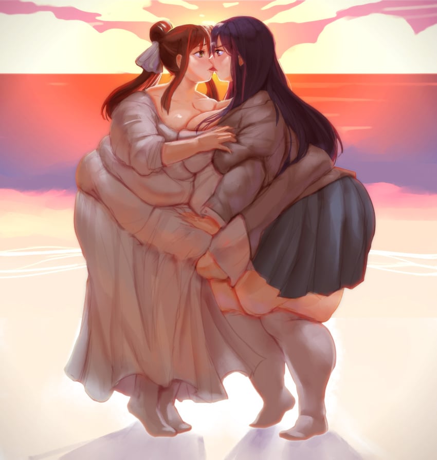 2girls bamboo_ale bbw breasts doki_doki_literature_club dress fat_rolls female grabbing kissing monika_(doki_doki_literature_club) obese obese_female skirt sundress thick_thighs thighs yuri yuri_(doki_doki_literature_club)