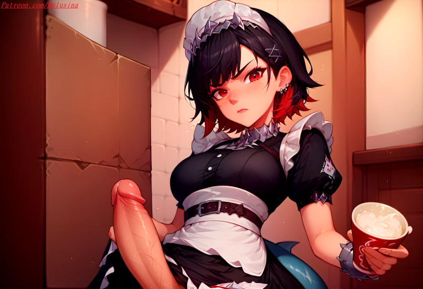 1futa 2024 ai_generated angry angry_face black_hair blush cum_cup cum_mug cum_on_cup cup ear_piercing ear_ring earring earrings ellen_joe erect erect_penis erection fish_tail futa_focus futanari hat holding_cup holding_object looking_at_partner looking_at_viewer looking_back_at_viewer looking_down maid maid_dress maid_hat maid_outfit maid_uniform medium_breasts medium_hair mug red_eyes red_hair self_upload shark_girl shark_tail shy standing uncensored zenless_zone_zero