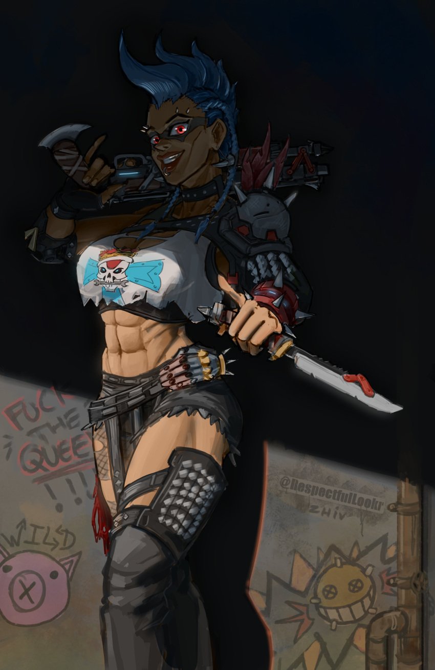 1girls abs armor athletic athletic_female belly big_breasts blizzard_entertainment blue_hair braid braided_hair chocker clothed crop_top dangerous earrings eyebrow_piercing facepaint female_only fingerless_gloves highres junker_queen knife large_breasts lip_piercing looking_at_viewer minishorts mohawk mohawk_(hairstyle) muscular muscular_female navel overwatch overwatch_2 piercing punk punk_girl punk_hair red_eyes shotgun smiling smiling_at_viewer solo solo_female spikes standing tall tall_female thighs torn_clothes zhiv