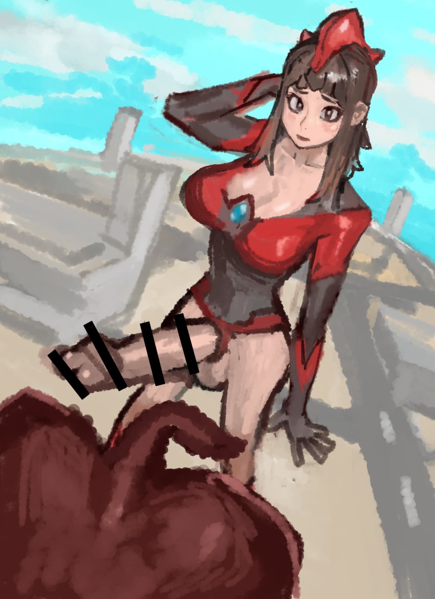 1futa 1other alternate_version_at_source ambiguous_gender ass bangs bar_censor bra breasts brown_hair building censored cleavage clothed clothing erection futa_focus futa_giantess futanari giant_ass giant_penis giantess handjob heroine huge_cock human kaiju kaiju_girl kmaro light-skinned_futanari light_skin long_hair looking_at_viewer mostly_clothed mostly_nude nervous_smile penis red_hair red_skin solo_focus standing tail