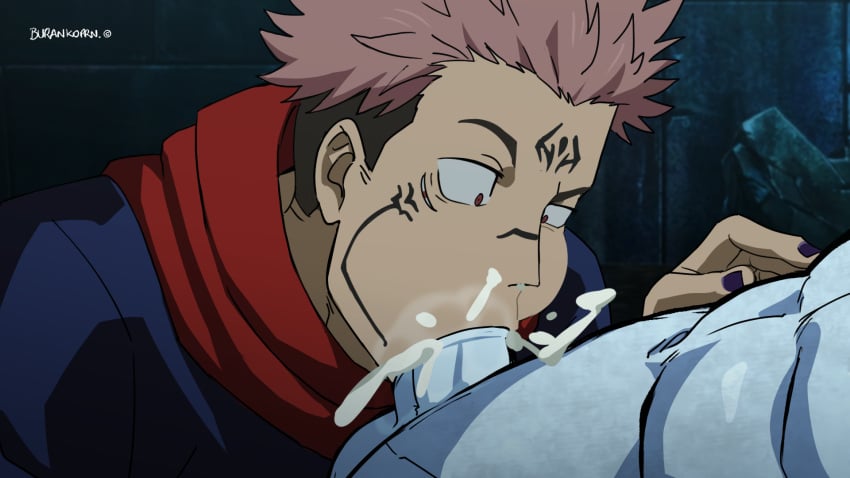 2boys 2males blowjob burankoprn cum_in_mouth cum_on_face cumming gay gay_blowjob gay_sex lad male/male male_only ryoumen_sukuna_(jujutsu_kaisen)