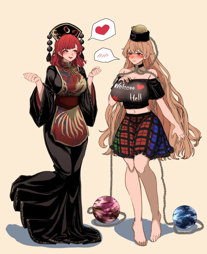 2girls arms_up barefoot black_dress black_eyes black_shirt blonde_hair breasts cleavage collar collarbone commentary_request cosplay costume_switch crop_top dress earth_(ornament) ghostship55 hand_on_own_chest hat heart hecatia_lapislazuli hecatia_lapislazuli_(cosplay) highres junko_(touhou) junko_(touhou)_(cosplay) large_breasts light_frown long_hair long_sleeves looking_at_viewer looking_down mature_female midriff milf moon_(ornament) multicolored_clothes multicolored_skirt multiple_girls navel nose off-shoulder_shirt off_shoulder red_hair ribbon shirt simple_background skirt smile spoken_blush spoken_heart standing tabard thighs touhou very_long_hair wide_sleeves yellow_background