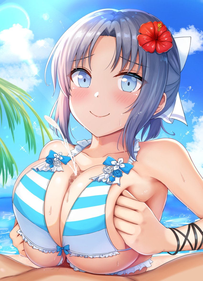 1boy 1girls beach bikini blue_eyes blue_sky blush breasts censored cloud collarbone cum day dolphin_wave ejaculation erection female flower grey_hair hair_flower hair_ornament hair_ribbon hibiscus highres horizon large_breasts light-skinned_female light-skinned_male light_skin looking_at_viewer mosaic_censoring ocean outdoors paizuri palm_tree projectile_cum red_flower ribbon ritz10_(benben) senran_kagura senran_kagura_estival_versus senran_kagura_shinovi_versus sidelocks sky smile striped_bikini striped_clothes swimsuit tree white_bikini yumi_(senran_kagura)