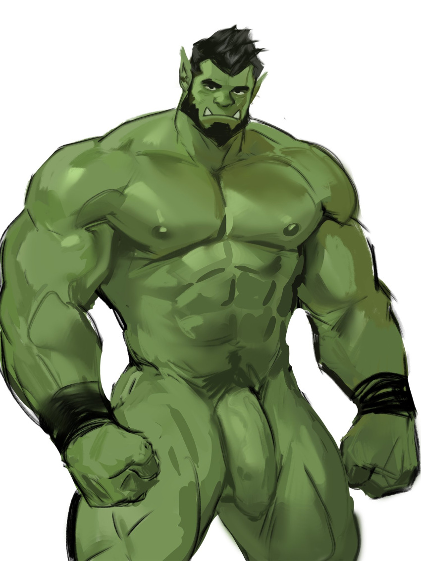 3:4 abs biceps dopq fangs genitals green_body green_skin hi_res humanoid humanoid_pointy_ears male male_focus male_only muscular muscular_humanoid muscular_male nipples orc orc_male pecs penis solo solo_male teeth