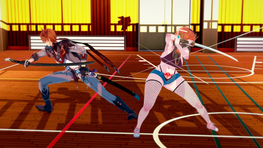 3d absurd_res battle childe_(genshin_impact) crossover genshin_impact gym katana koikatsu league_of_legends leona_(league_of_legends) nick_maxwell sword tagme tartaglia_(genshin_impact)