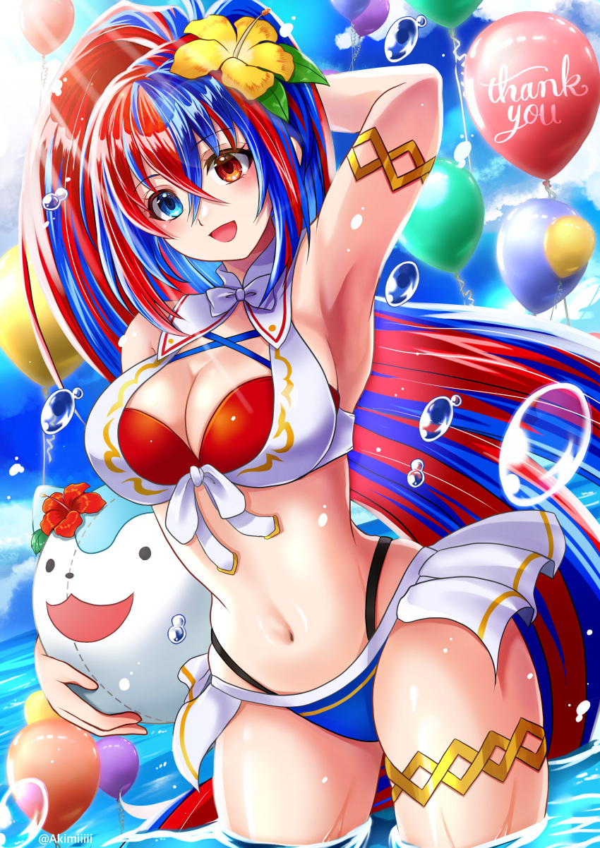 1girls absurdres akimiiiii alear_(female)_(fire_emblem) alear_(female)_(seaside_dragon)_(fire_emblem) alear_(fire_emblem) alternate_costume alternate_hairstyle armpits balloon bikini blue_bikini blue_eyes blue_hair blue_swimsuit breasts character_ball cleavage criss-cross_halter crossed_bangs female female_only fire_emblem fire_emblem_engage fire_emblem_heroes gold_armlet gold_thighlet halterneck heterochromia highres large_breasts long_hair multicolored_bikini multicolored_clothes multicolored_hair multicolored_swimsuit nintendo ocean official_alternate_costume official_alternate_hairstyle outdoors ponytail red_bikini red_eyes red_hair red_swimsuit revealing_clothes scratching_arm skimpy_clothes sommie_(fire_emblem) split-color_hair swimsuit thank_you two-tone_hair very_long_hair white_bikini white_swimsuit