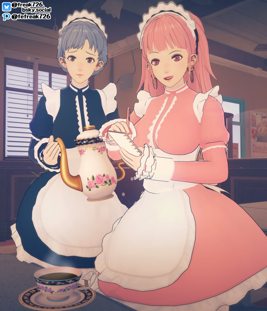 2girls 3d alternate_costume bangs black_eyes blue_hair braid breasts cafe dress earrings fefreak726 female female_only fire_emblem fire_emblem:_three_houses hilda_valentine_goneril holding holding_pen indoors light_blue_hair long_hair long_sleeves looking_at_viewer maid maid_headdress marianne_von_edmund medium_breasts multiple_girls nintendo notebook open_mouth pen pink_eyes pink_hair ponytail raised_eyebrow short_hair smile steam tea teacup teapot thighhighs waitress window