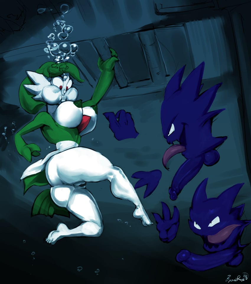 1girls 2boys absurd_res air_bubble anthro aquaphilia asphyxiation balls big_penis breasts bubble byondrage drowning escape female game_freak gardevoir generation_1_pokemon generation_3_pokemon genitals ghost group haunter hi_res male nintendo nipples penis peril pokemon pokemon_(species) pussy spirit trio underwater water