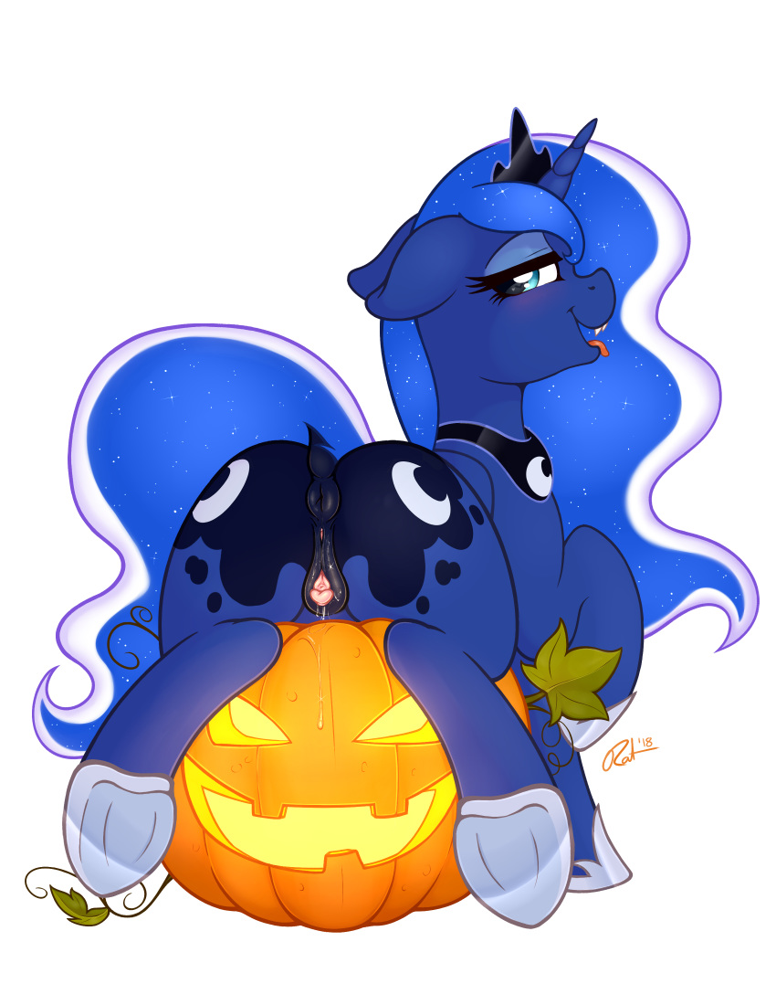 2018 absurdres anatomically_correct anatomically_correct_pussy animal_genitalia animal_pussy anus ass clitoris cutie_mark equine equine_pussy eyelashes female feral food friendship_is_magic fruit highres looking_at_viewer mammal my_little_pony princess_luna_(mlp) pumpkin pussy ratofdrawn simple_background solo tongue tongue_out white_background