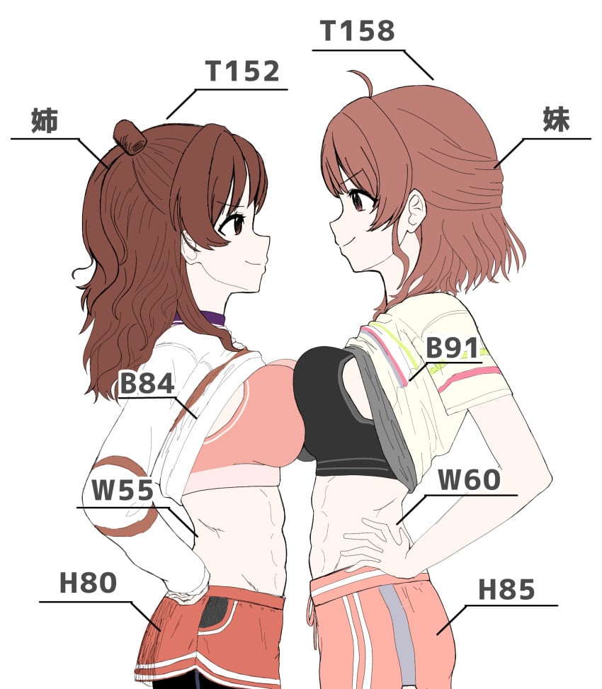 2girls abs absurdres big_breasts black_sports_bra breast_press breasts brown_hair busty clothes_lift commentary_request confident eye_contact face-to-face female female_only from_side gakuen_idolmaster hanami_saki hanami_ume hand_on_hip height highres idolmaster large_breasts long_hair looking_at_another measurements medium_breasts midriff muhoho_ku multiple_girls pink_sports_bra profile sensual shirt_lift siblings sisters smile sports_bra stomach symmetrical_docking three_sizes voluptuous