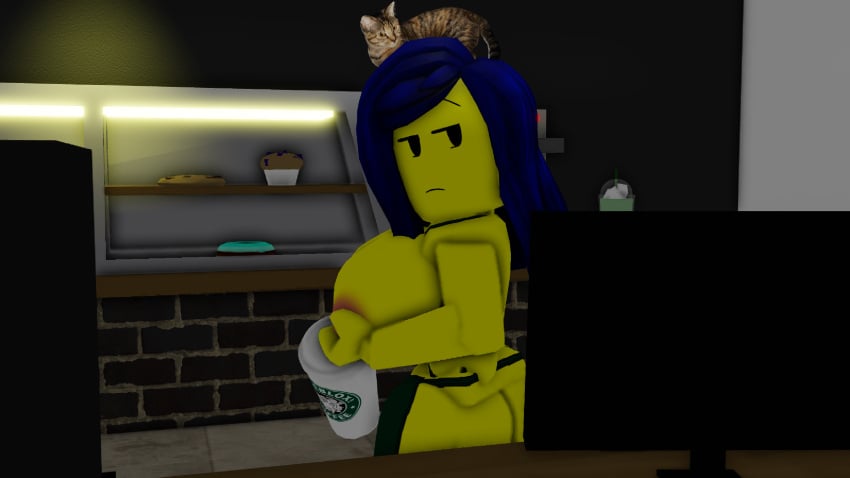 1girls 3d 3d_(artwork) apron apron_only big_breasts blue_hair blueicongd coffee_cup female female_focus female_only femicon_(blueicongd) oc original_character roblox roblox_avatar robloxian thick_thighs yellow_skin yellow_skinned_female