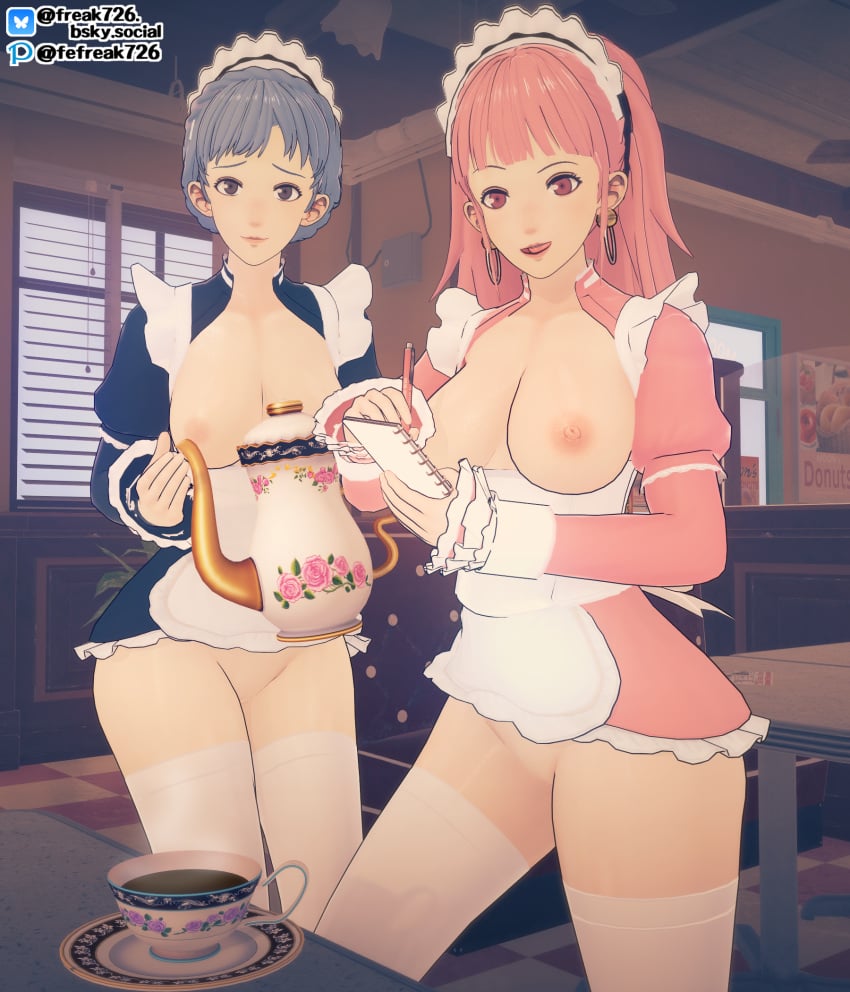 2girls 3d bangs black_eyes blue_hair braid breasts breasts_out cafe earrings fefreak726 female female_only fire_emblem fire_emblem:_three_houses hilda_valentine_goneril holding holding_pen indoors light_blue_hair long_hair long_sleeves looking_at_viewer maid maid_headdress marianne_von_edmund medium_breasts multiple_girls nintendo nipples no_panties notebook nude nude_female open_mouth pen pink_eyes pink_hair ponytail pussy raised_eyebrow revealing_clothes smile steam table tea teacup teapot thighhighs upskirt waitress window