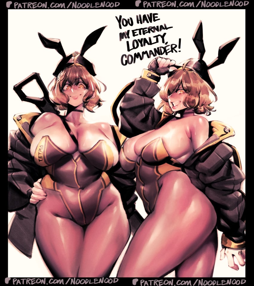 1girls 2024 absurd_res anis_(nikke) aroodnoodle artist_name breasts brown_eyes brown_hair bunny_ears bunny_girl bunnysuit english english_text female female_focus goddess_of_victory:_nikke hand_on_hip huge_breasts matching_hair/eyes solo solo_female solo_focus talking_to_viewer text thick_thighs thighs