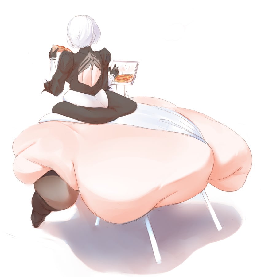 1girls ass bamboo_ale bottom_heavy disproportional female hyper hyper_ass massive_ass nier:_automata pizza sitting solo solo_female yorha_2b