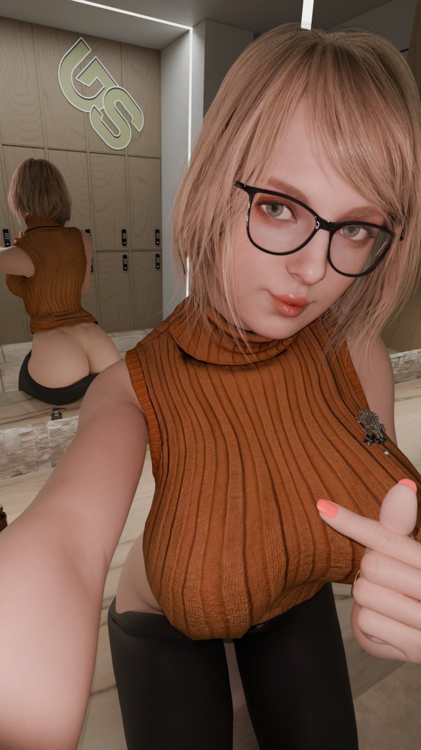 1girls 3d ashley_graham ashley_graham_(ella_freya) blonde_hair blue_eyes exposed_ass eyeglasses female glasses grandmastersurgeon heart_fingers heart_symbol human large_breasts light-skinned_female light_skin looking_at_viewer mirror painted_nails pants pants_down resident_evil resident_evil_4 self_upload selfie solo straight_hair sweater thighs