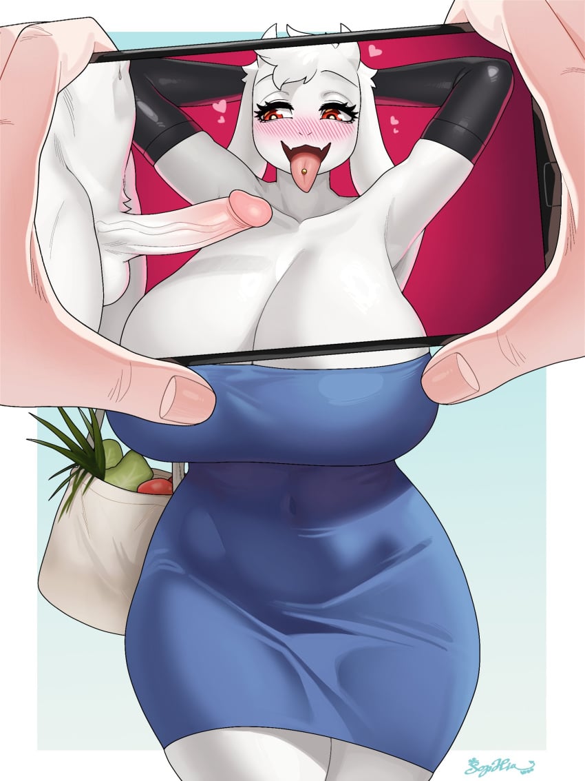 absurd_res anthro big_breasts boss_monster_(undertale) bovid breasts caprine clothed clothing dress electronics female fur genitals goat hi_res horn huge_breasts mammal mature_anthro mature_female penis phone piercing red_eyes simple_background solo sophiathedragon text tongue tongue_piercing toriel undertale undertale_(series) white_body white_fur