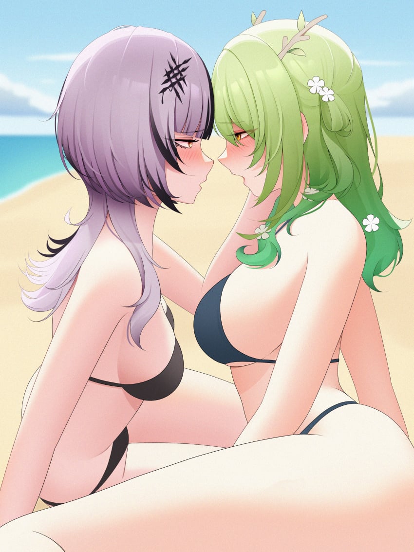 2d 2d_(artwork) 2girls alternate_costume beach big_breasts bikini bikini_bottom bikini_top black_bikini black_bikini_bottom black_bikini_top black_hair black_swimsuit blush ceres_fauna clouds day drey525 female female_only flowers flowers_in_hair green_hair high_resolution highres hololive hololive_english hololive_english_-advent- hololive_english_-promise- light-skinned_female light_skin long_hair looking_at_another ocean open_mouth outdoors sand shiori_novella side_view sitting sky slim_girl summer swimsuit thong thong_bikini two_piece_swimsuit two_tone_hair virtual_youtuber vtuber vtuberfanart water white_hair yellow_eyes young younger_female yuri