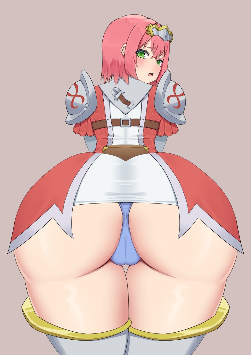 armor ass bent_over big_ass big_butt blue_panties blush commission commissioner_upload futoku_no_guild green_eyes hanabata_nohkins huge_ass huge_butt looking_back open_mouth panties pink_hair short_hair spammayo thick_thighs thigh_gap underwear wide_hips