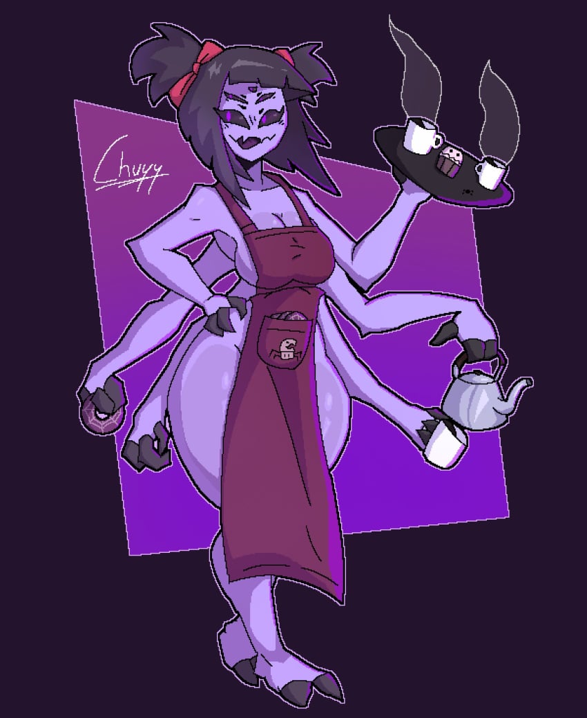 1girls 2024 3_fingers 6_arms apron big_breasts black_hair breasts chuyy clothed cup donut fangs female front_view hi_res hips muffet muffin multi_arm multi_eye multi_limb plate purple_body purple_skin pussy short_hair smile spider spider_girl steam thick_thighs thighs twintails undertale undertale_(series) wide_hips