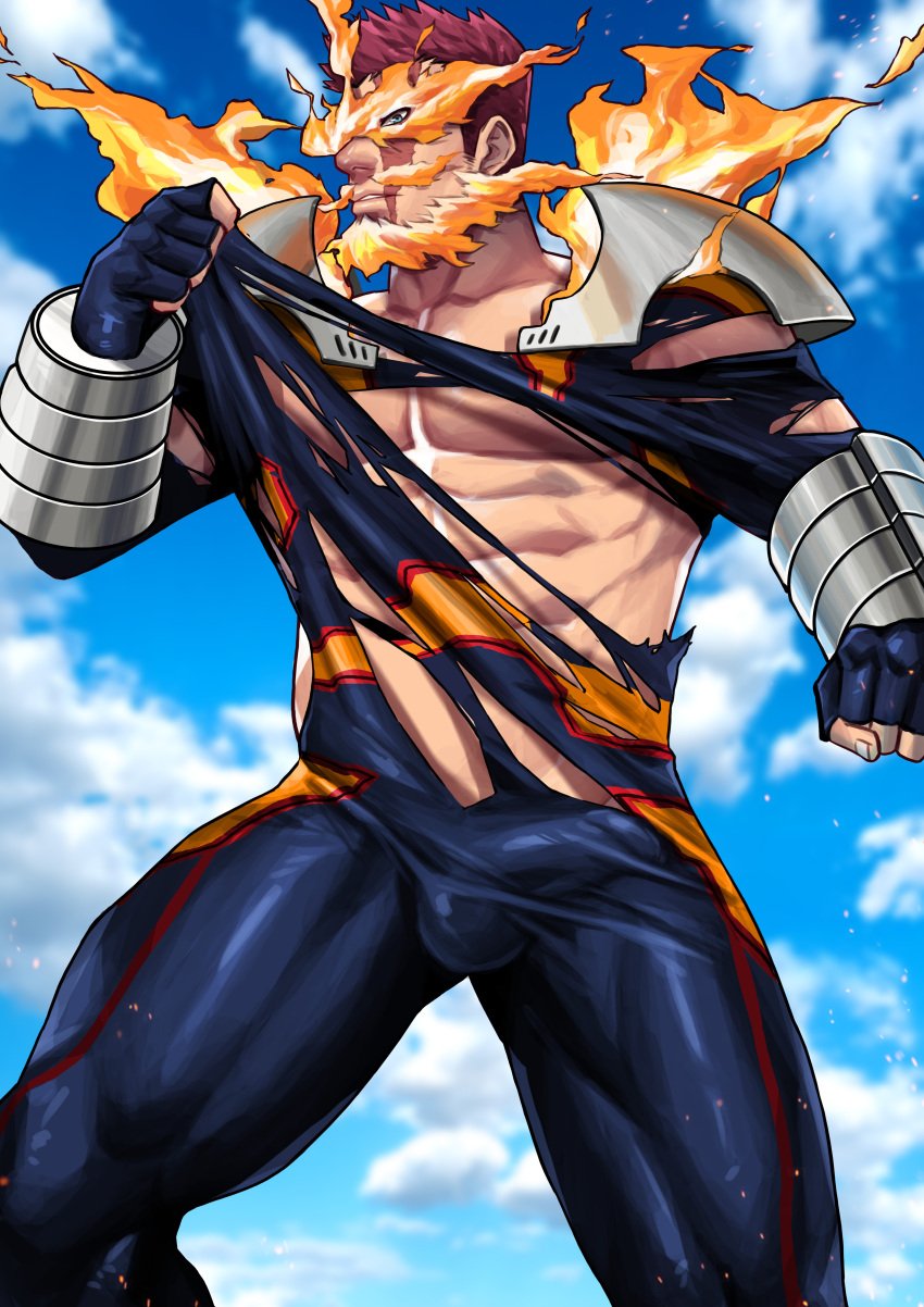 abs armor beefcake beefy blue_eyes bulge bulge_through_clothing clouds dilf enji_todoroki hero_outfit_(mha) male_only maorenc muscular muscular_male my_hero_academia red_hair ripped_clothing ripped_clothing scar scar_across_eye scar_on_face sky solo_male todoroki_enji