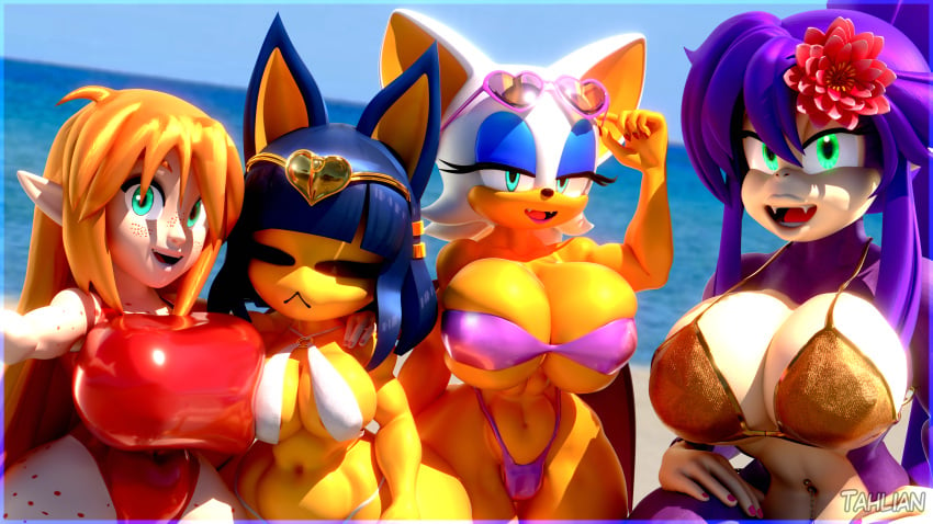 3d 3d_model 4girls animal_crossing ankha anthro bat beach big_breasts bikini breasts busty chiropteran crossover felicia_(tahlian) feline female female_only freckles huge_breasts kiki_(tahlian) large_breasts mobian mobian_(species) mobian_bat multiple_girls original outdoors primate rouge_the_bat sega sonic_(series) sonic_adventure_2 sonic_the_hedgehog_(series) swimsuit tahlian thick_thighs wide_hips