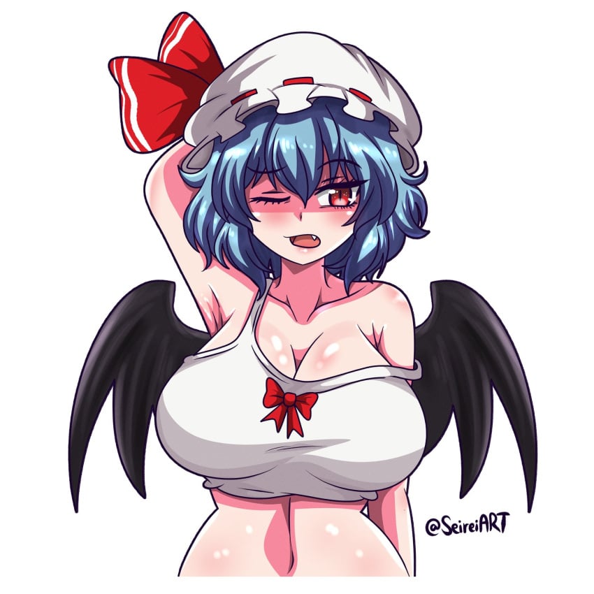 1girls artist_name big_breasts blue_hair breasts cleavage clothed_female hat light-skinned_female oerba_yun_fang red_eyes remilia_scarlet seireiart shirt solo solo_female touhou vampire vampire_girl watermark white_background wings